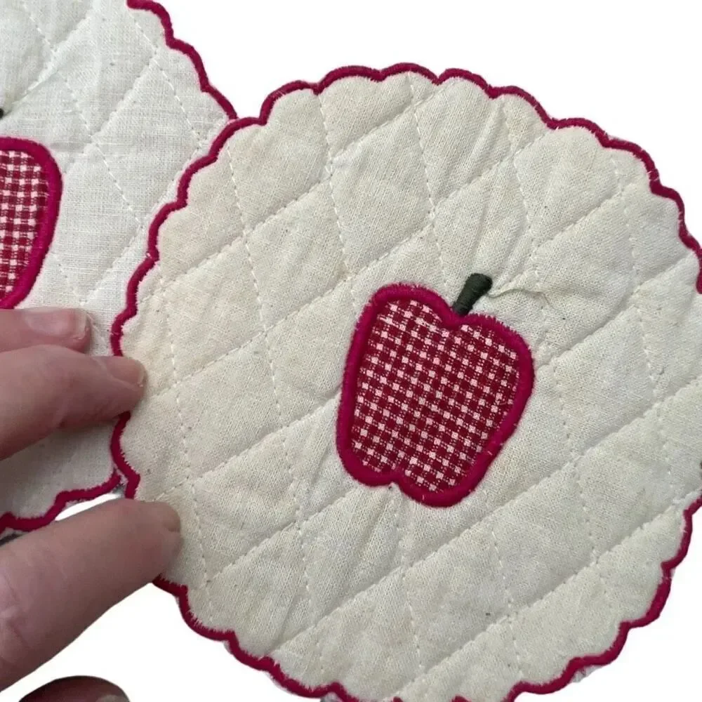Handmade lot of 6 coasted hot pads, quilted gingham apples.